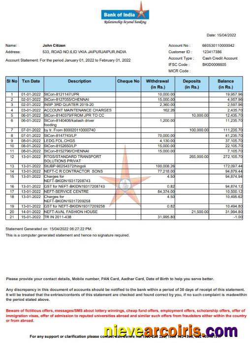 India Bank of India statement